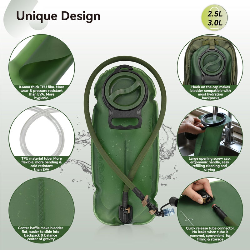MARCHWAY 2L/2.5L/3L TPU Hydration Bladder, Ultra Durable Water Reservoir Bag with Insulated Tube for Hydration Pack for Cycling, Hiking, Running, Climbing, Biking (2.5L Green 85oz) - Image 3